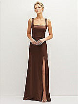 Front View Thumbnail - Cognac Square-Neck Satin A-line Maxi Dress with Front Slit