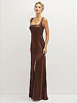 Side View Thumbnail - Cognac Square-Neck Satin A-line Maxi Dress with Front Slit