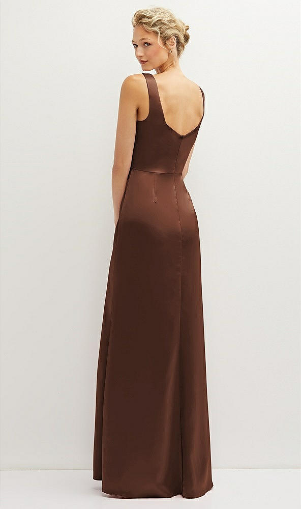 Back View - Cognac Square-Neck Satin A-line Maxi Dress with Front Slit