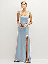 Front View Thumbnail - Mist Square-Neck Satin A-line Maxi Dress with Front Slit