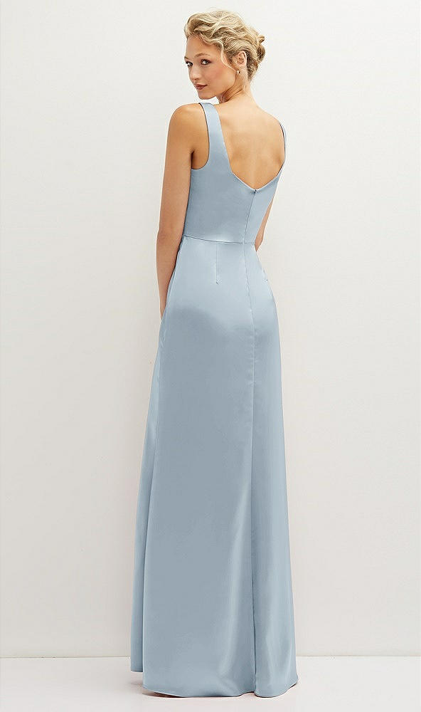 Back View - Mist Square-Neck Satin A-line Maxi Dress with Front Slit