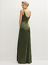 Rear View Thumbnail - Olive Green Square-Neck Satin A-line Maxi Dress with Front Slit