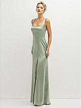 Side View Thumbnail - Sage Square-Neck Satin A-line Maxi Dress with Front Slit