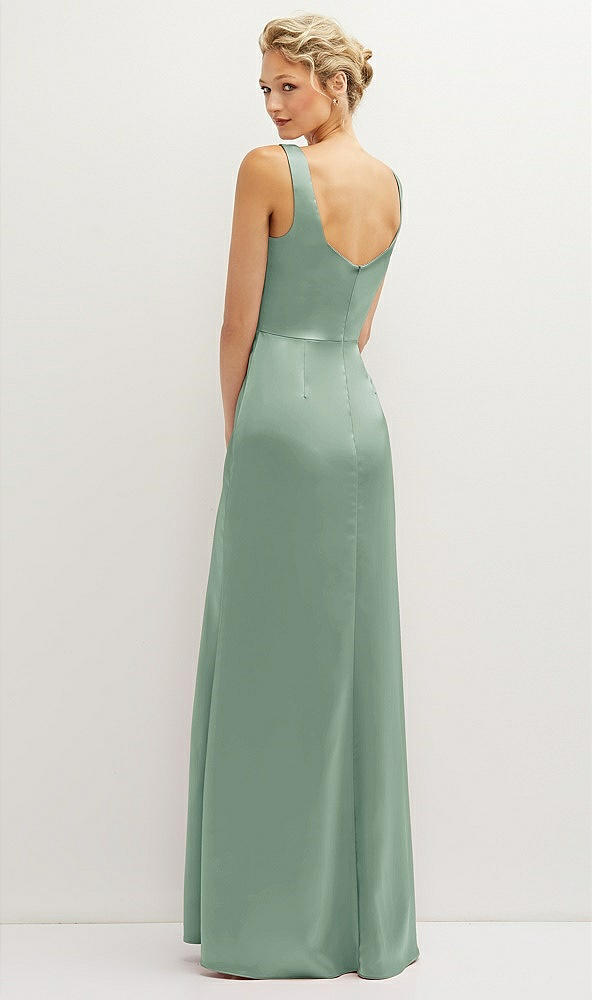 Back View - Seagrass Square-Neck Satin A-line Maxi Dress with Front Slit