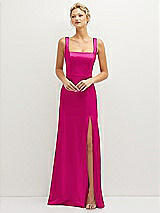 Front View Thumbnail - Think Pink Square-Neck Satin A-line Maxi Dress with Front Slit