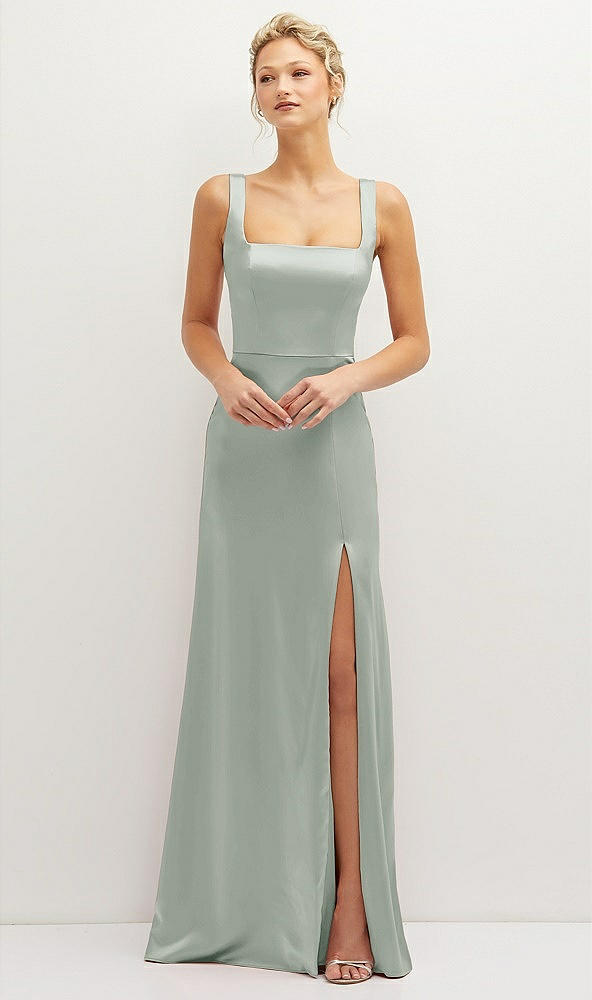 Front View - Willow Green Square-Neck Satin A-line Maxi Dress with Front Slit