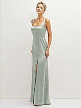 Side View Thumbnail - Willow Green Square-Neck Satin A-line Maxi Dress with Front Slit