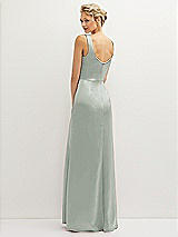 Rear View Thumbnail - Willow Green Square-Neck Satin A-line Maxi Dress with Front Slit