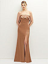 Front View Thumbnail - Toffee Soft Ruffle Cuff Strapless Trumpet Dress with Front Slit