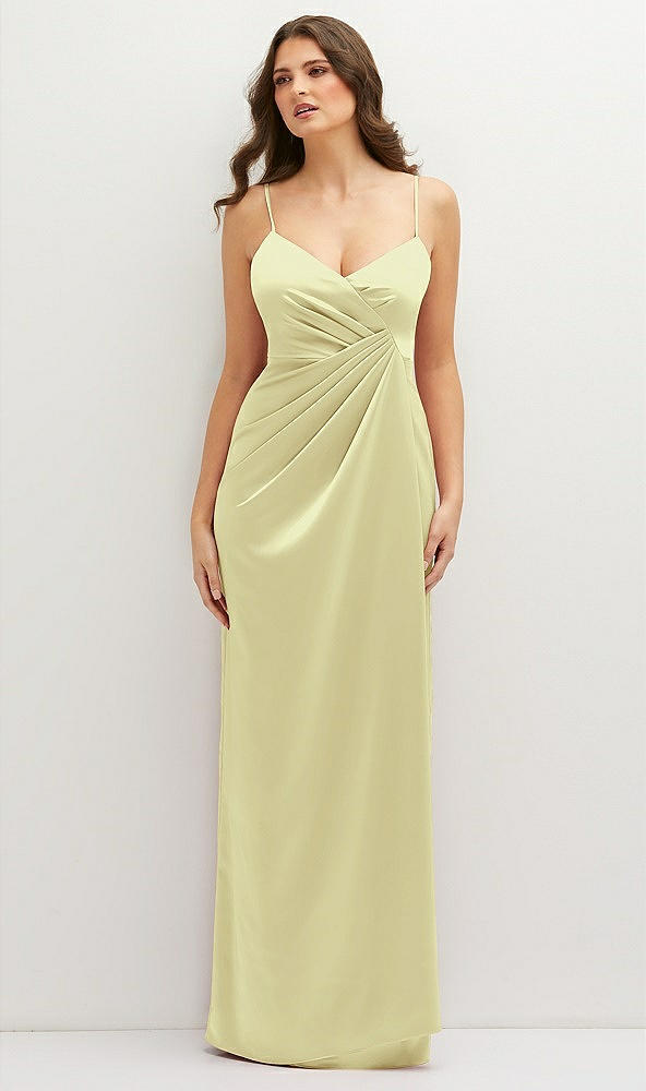 Front View - Butter Yellow Asymmetrical Draped Pleat Wrap Satin Maxi Dress