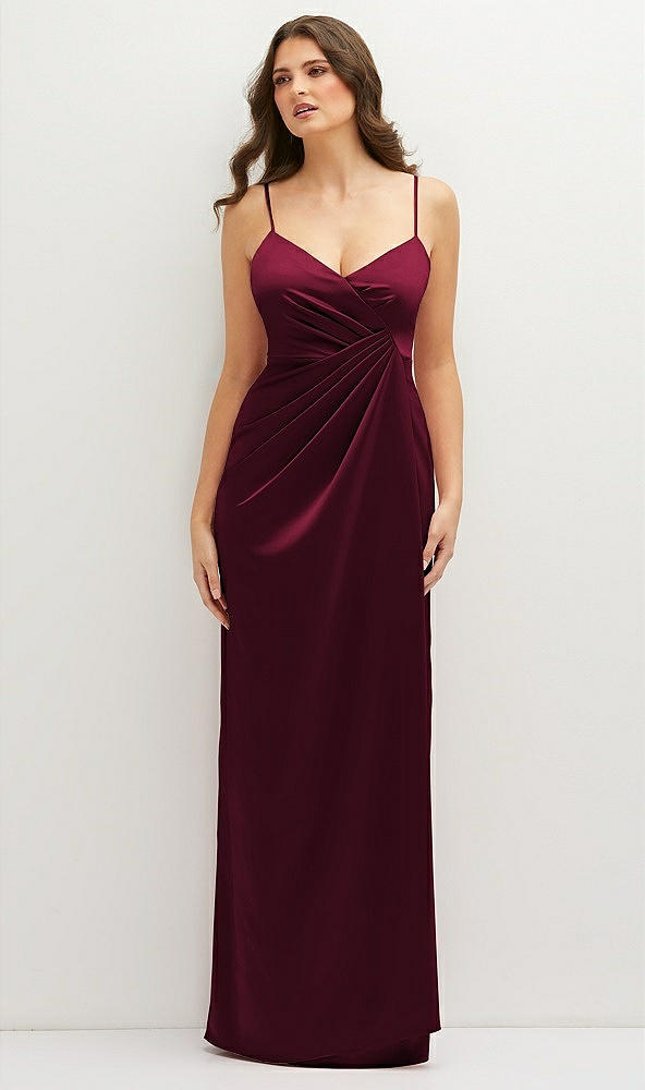 Front View - Cabernet Asymmetrical Draped Pleat Wrap Satin Maxi Dress