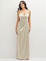 Front View Thumbnail - Champagne Asymmetrical Draped Pleat Wrap Satin Maxi Dress