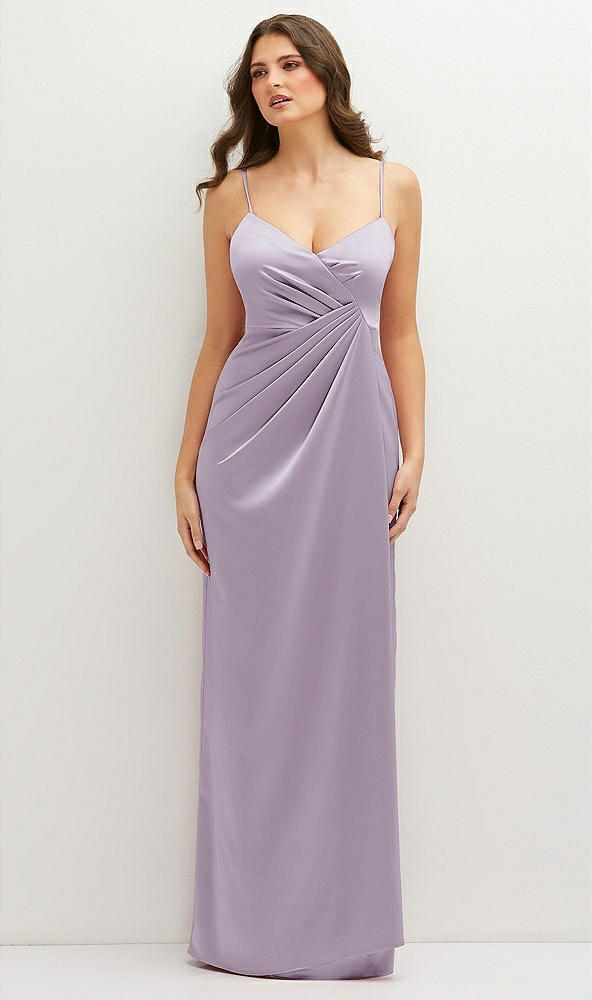 Front View - Lilac Haze Asymmetrical Draped Pleat Wrap Satin Maxi Dress