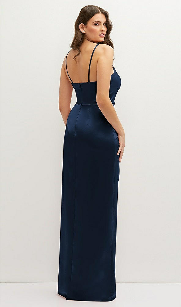 Back View - Midnight Navy Asymmetrical Draped Pleat Wrap Satin Maxi Dress