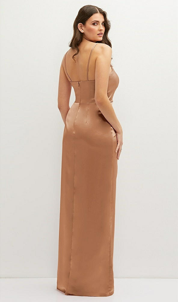 Back View - Toffee Asymmetrical Draped Pleat Wrap Satin Maxi Dress