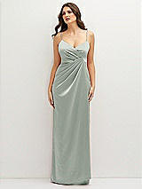 Front View Thumbnail - Willow Green Asymmetrical Draped Pleat Wrap Satin Maxi Dress