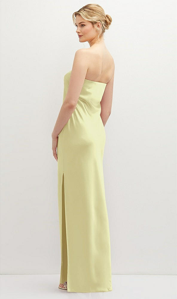 Back View - Butter Yellow Strapless Pull-On Satin Column Dress with Side Seam Slit