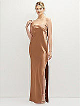 Front View Thumbnail - Toffee Strapless Pull-On Satin Column Dress with Side Seam Slit