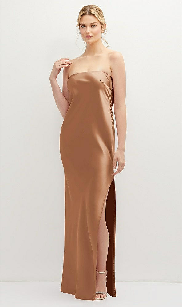 Front View - Toffee Strapless Pull-On Satin Column Dress with Side Seam Slit