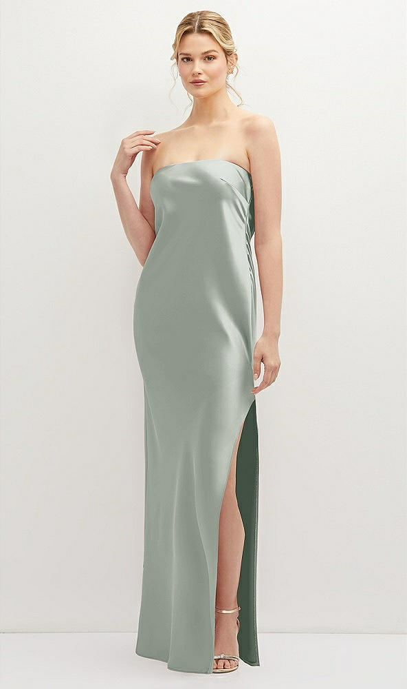 Front View - Willow Green Strapless Pull-On Satin Column Dress with Side Seam Slit