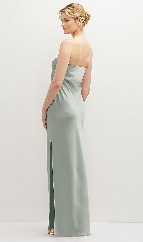 Back View - Willow Green Strapless Pull-On Satin Column Dress with Side Seam Slit