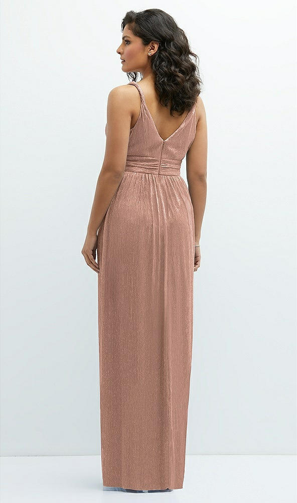 Back View - Metallic Sienna Plunge V-Neck Metallic Pleated Maxi Dress with Twist Straps