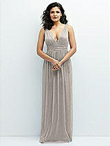 Front View Thumbnail - Metallic Taupe Plunge V-Neck Metallic Pleated Maxi Dress with Twist Straps