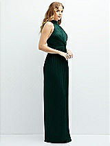 Side View Thumbnail - Metallic Evergreen Band Collar Halter Open-Back Metallic Pleated Maxi Dress