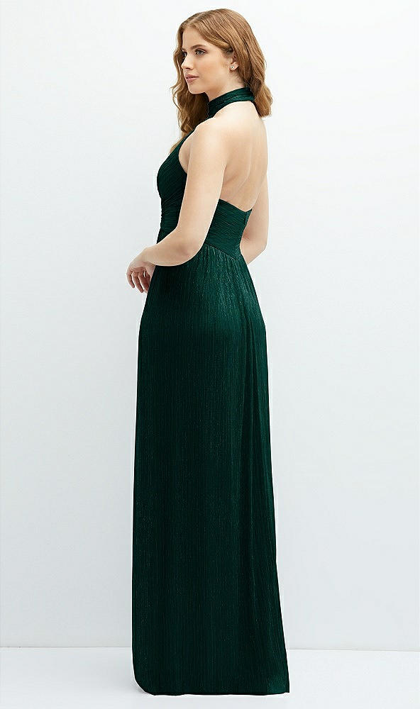 Back View - Metallic Evergreen Band Collar Halter Open-Back Metallic Pleated Maxi Dress