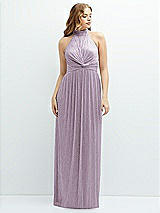 Front View Thumbnail - Metallic Lilac Haze Band Collar Halter Open-Back Metallic Pleated Maxi Dress