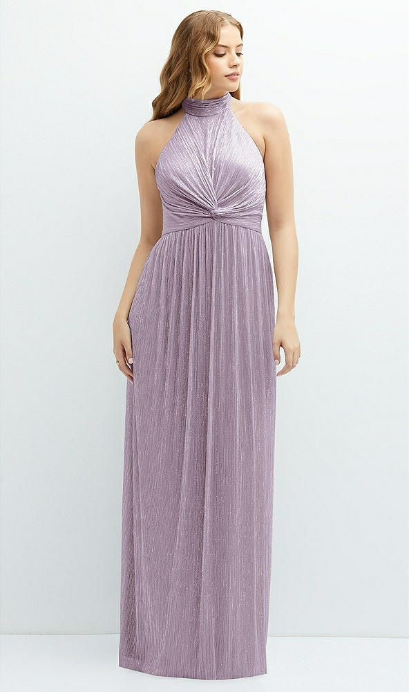 Front View - Metallic Lilac Haze Band Collar Halter Open-Back Metallic Pleated Maxi Dress