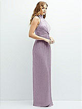 Side View Thumbnail - Metallic Lilac Haze Band Collar Halter Open-Back Metallic Pleated Maxi Dress