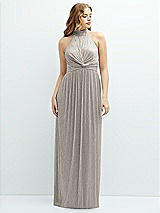 Front View Thumbnail - Metallic Taupe Band Collar Halter Open-Back Metallic Pleated Maxi Dress