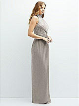 Side View Thumbnail - Metallic Taupe Band Collar Halter Open-Back Metallic Pleated Maxi Dress