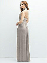 Rear View Thumbnail - Metallic Taupe Band Collar Halter Open-Back Metallic Pleated Maxi Dress