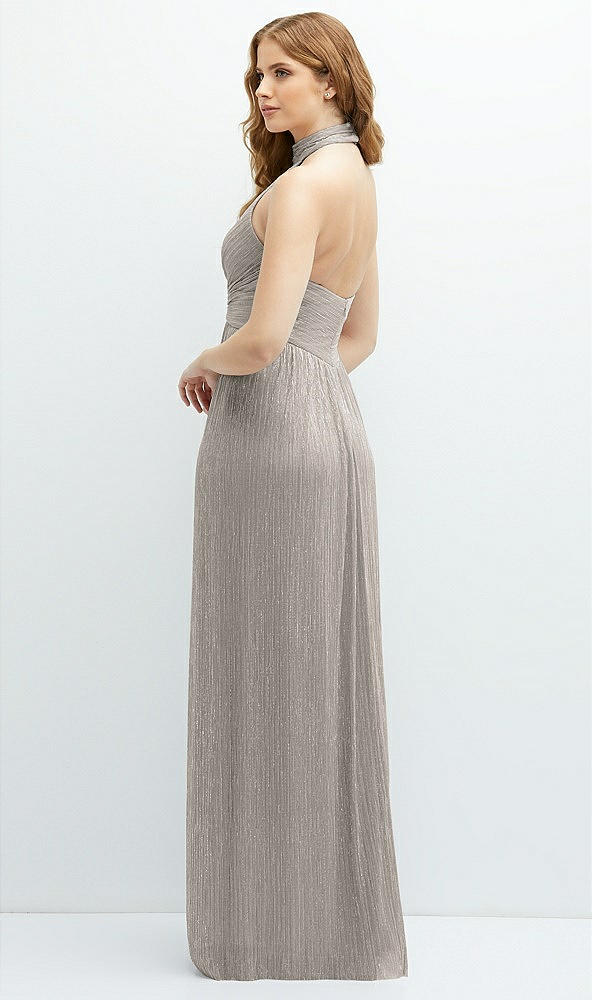 Back View - Metallic Taupe Band Collar Halter Open-Back Metallic Pleated Maxi Dress