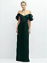 Front View Thumbnail - Metallic Evergreen Dramatic Ruffle Edge Convertible Strap Metallic Pleated Maxi Dress