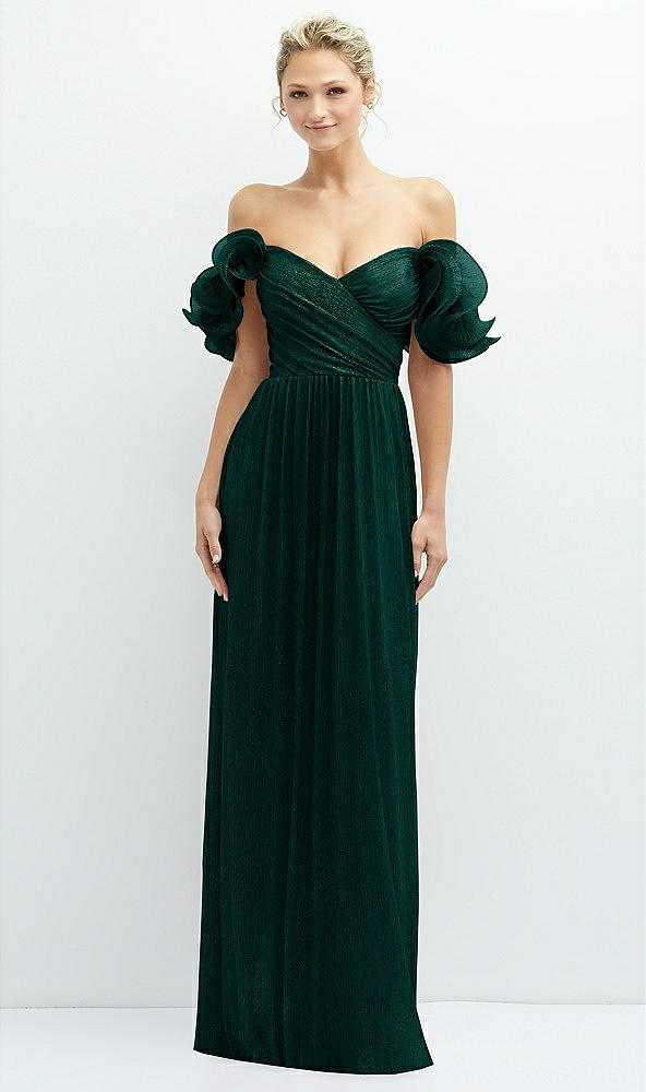 Front View - Metallic Evergreen Dramatic Ruffle Edge Convertible Strap Metallic Pleated Maxi Dress