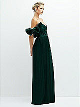 Side View Thumbnail - Metallic Evergreen Dramatic Ruffle Edge Convertible Strap Metallic Pleated Maxi Dress