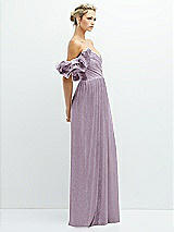 Side View Thumbnail - Metallic Lilac Haze Dramatic Ruffle Edge Convertible Strap Metallic Pleated Maxi Dress