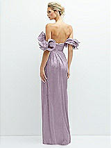 Rear View Thumbnail - Metallic Lilac Haze Dramatic Ruffle Edge Convertible Strap Metallic Pleated Maxi Dress