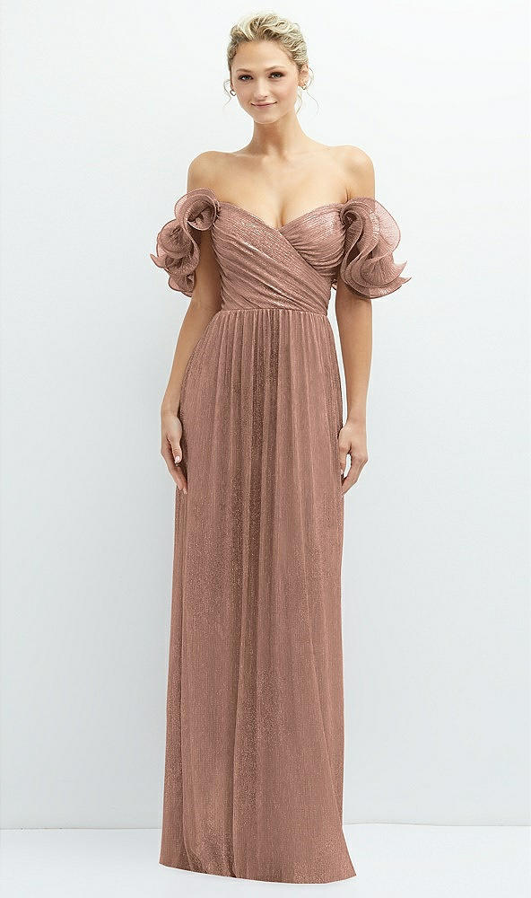 Front View - Metallic Sienna Dramatic Ruffle Edge Convertible Strap Metallic Pleated Maxi Dress