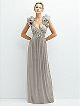 Alt View 1 Thumbnail - Metallic Taupe Dramatic Ruffle Edge Convertible Strap Metallic Pleated Maxi Dress