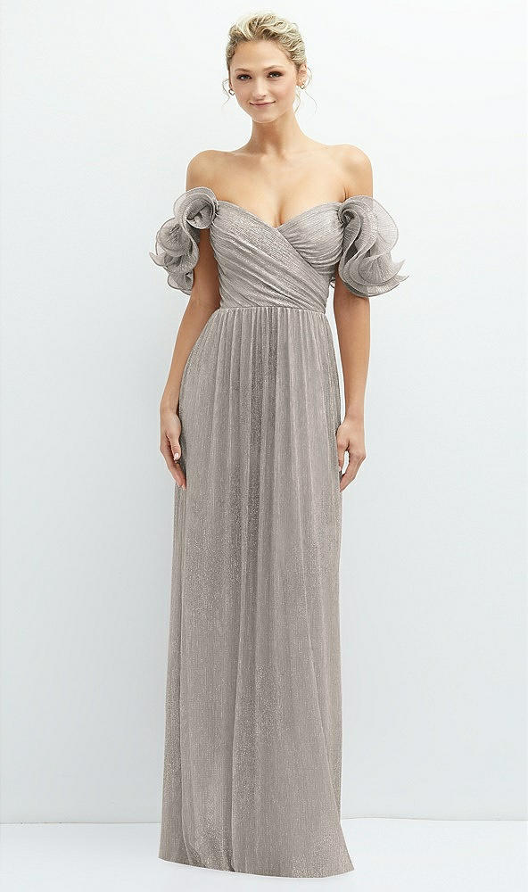 Front View - Metallic Taupe Dramatic Ruffle Edge Convertible Strap Metallic Pleated Maxi Dress