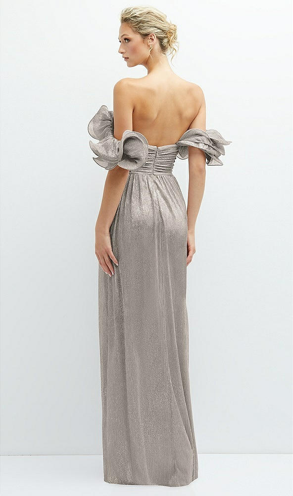 Back View - Metallic Taupe Dramatic Ruffle Edge Convertible Strap Metallic Pleated Maxi Dress