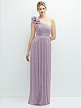 Front View Thumbnail - Metallic Lilac Haze Dramatic Ruffle Edge One-Shoulder Metallic Pleated Maxi Dress