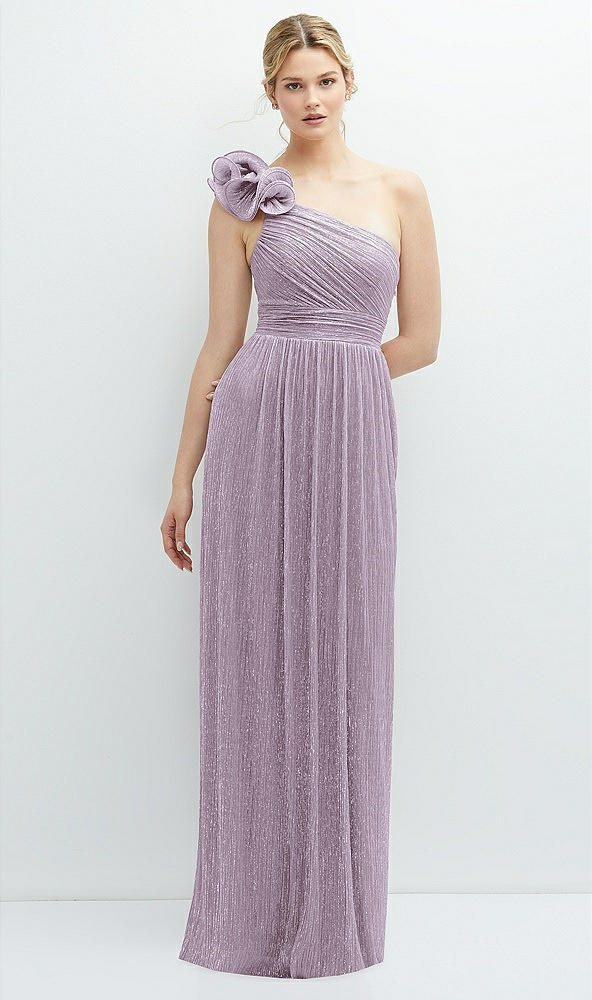 Front View - Metallic Lilac Haze Dramatic Ruffle Edge One-Shoulder Metallic Pleated Maxi Dress