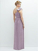 Rear View Thumbnail - Metallic Lilac Haze Dramatic Ruffle Edge One-Shoulder Metallic Pleated Maxi Dress