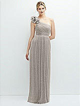 Front View Thumbnail - Metallic Taupe Dramatic Ruffle Edge One-Shoulder Metallic Pleated Maxi Dress