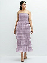 Front View Thumbnail - Metallic Lilac Haze Ruffle Tiered Skirt Metallic Pleated Strapless Midi Dress